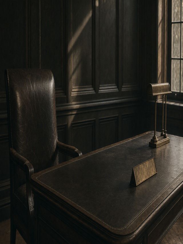 An empty leather chair beside a bare desk with a blank brass nameplate