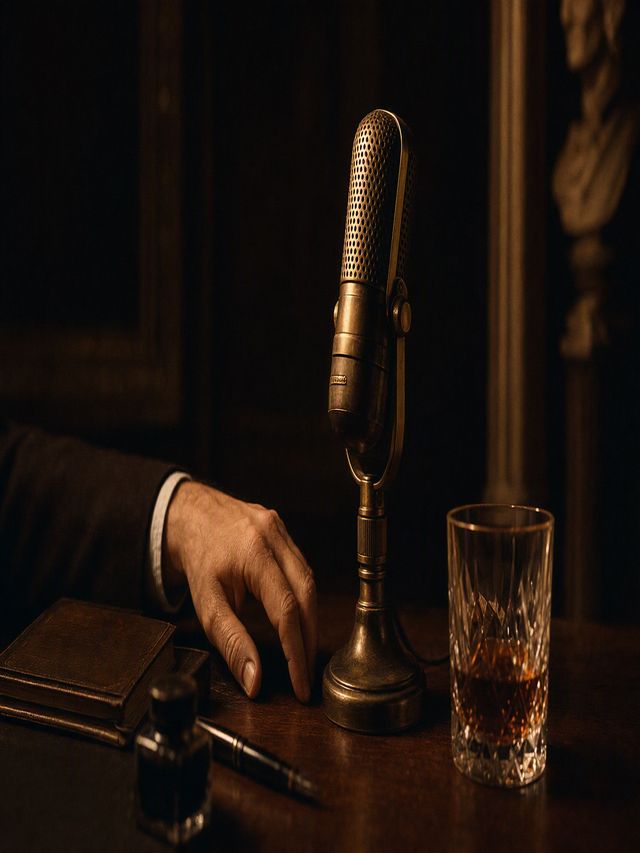 A hand resting beside a vintage brass microphone on a dark desk