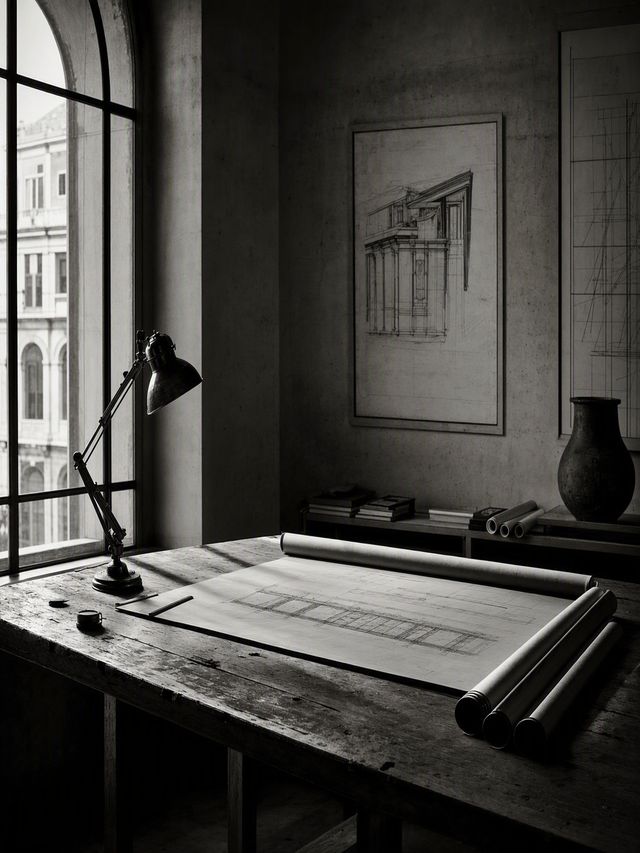 A drafting table and brass lamp in an empty studio, morning light